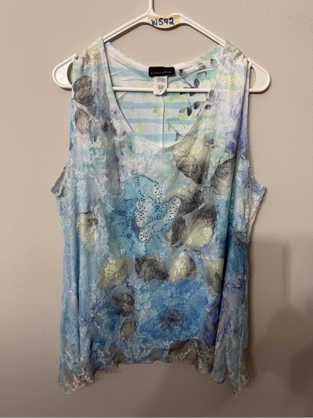 Women’s Brittany Black 2X Blue Floral Lace Overlay Sleeveless Tank Plus
